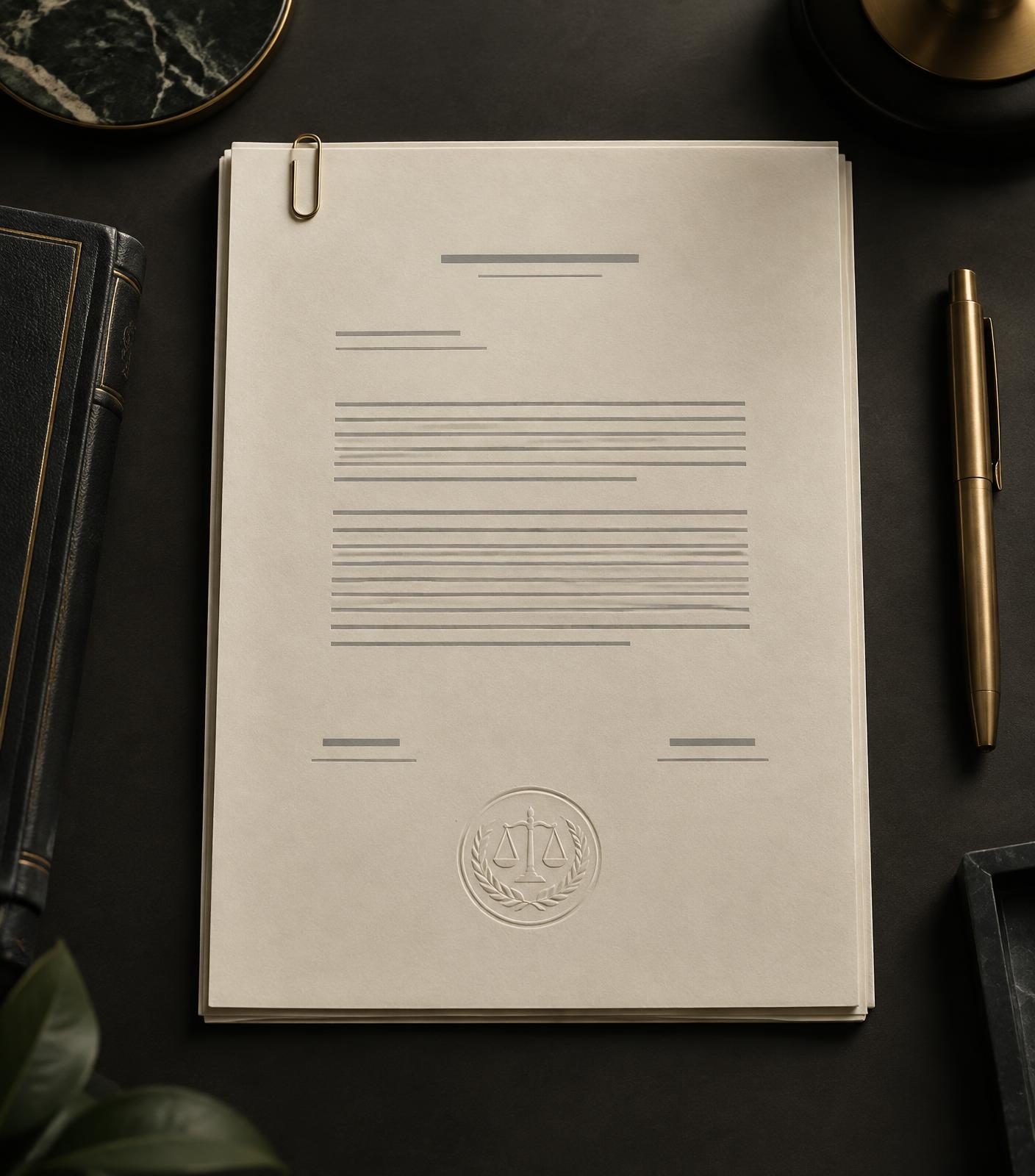A formal printed agreement document with an embossed seal on a dark desk